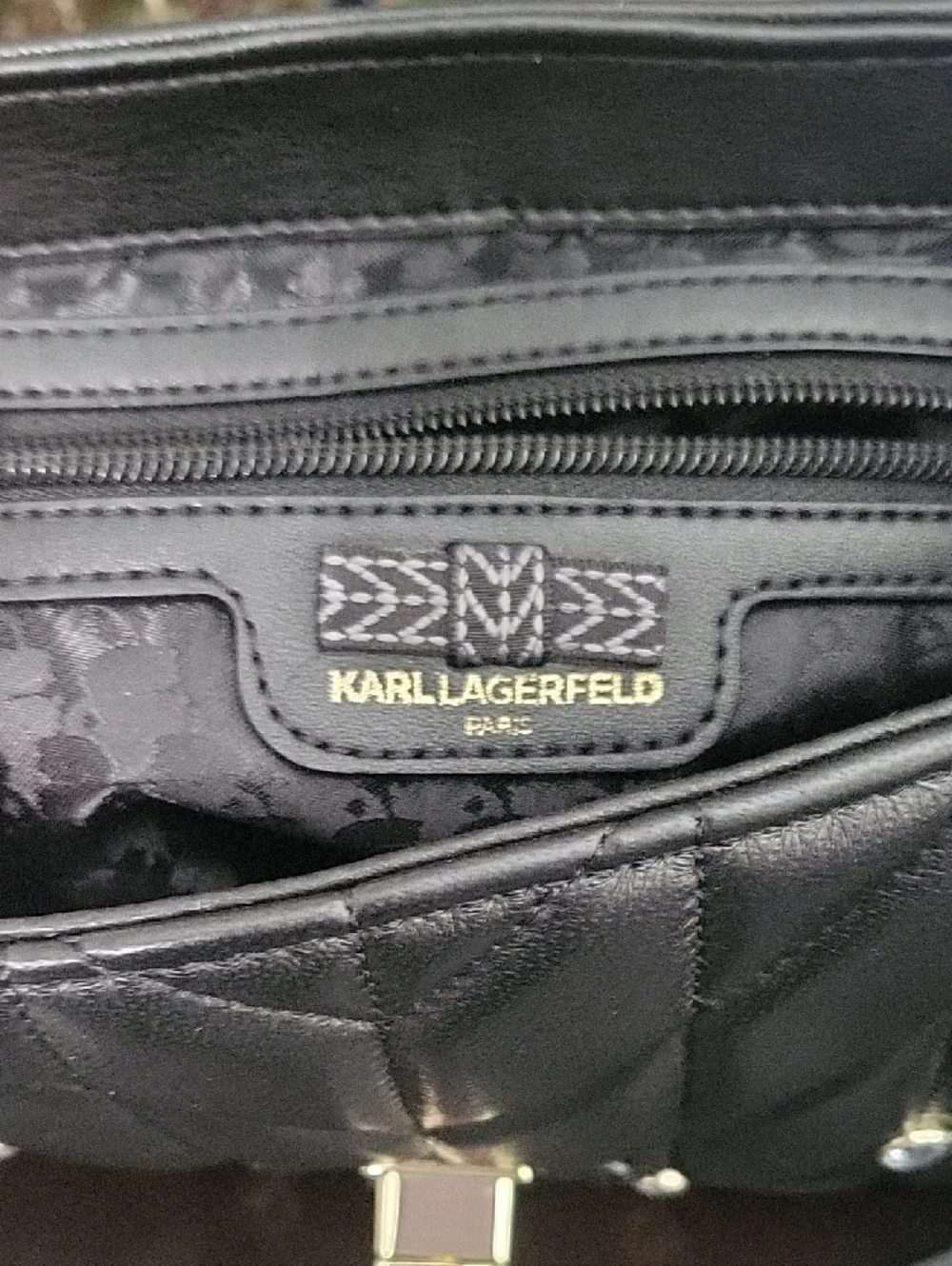 Karl Lagerfeld Black Quilted Shoulder Bag with Gold Chain and Crystal Accents - Picture 12 of 14
